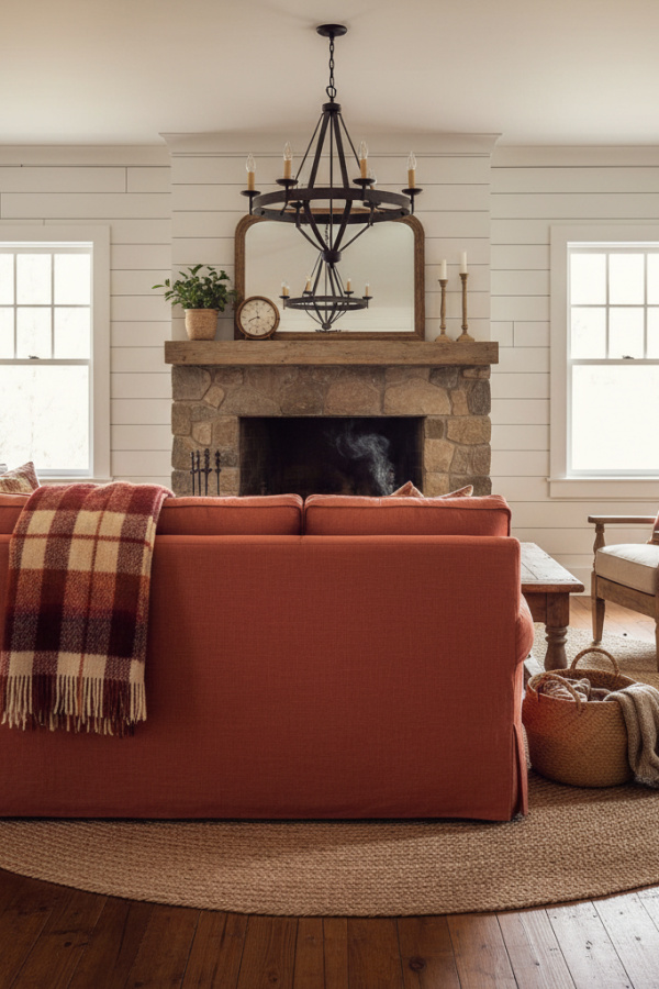 Living Room Sofa, Spice Red Linen, White Shiplap Walls, Plaid Blanket, Bright Farmhouse Space
