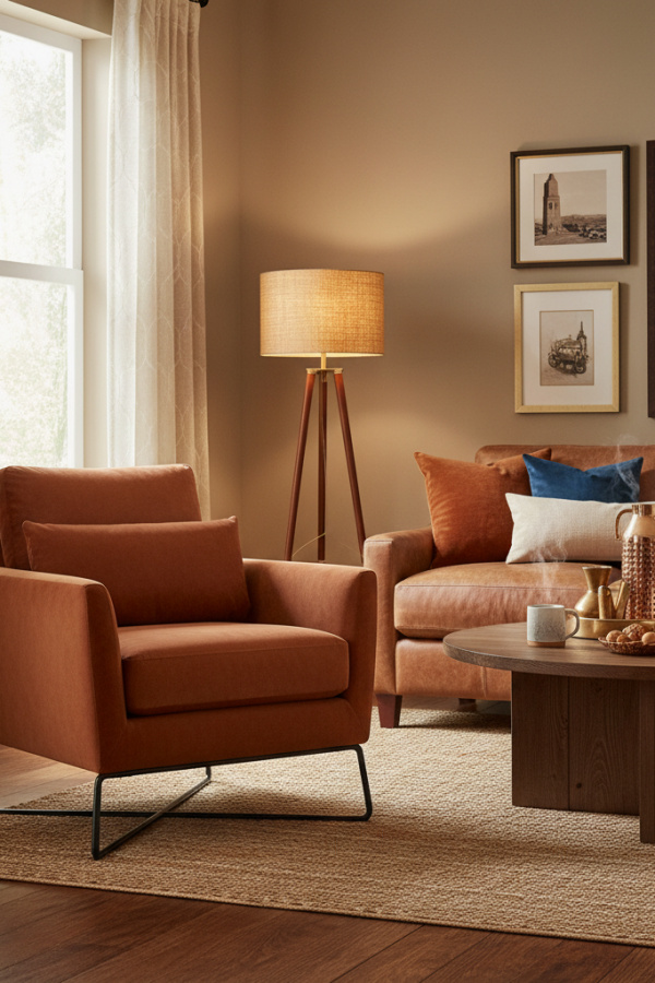Living Room Accent Chair, Burnt Sienna Velvet, Black Metal Base, Textured Cushions, Sunlit Industrial Space