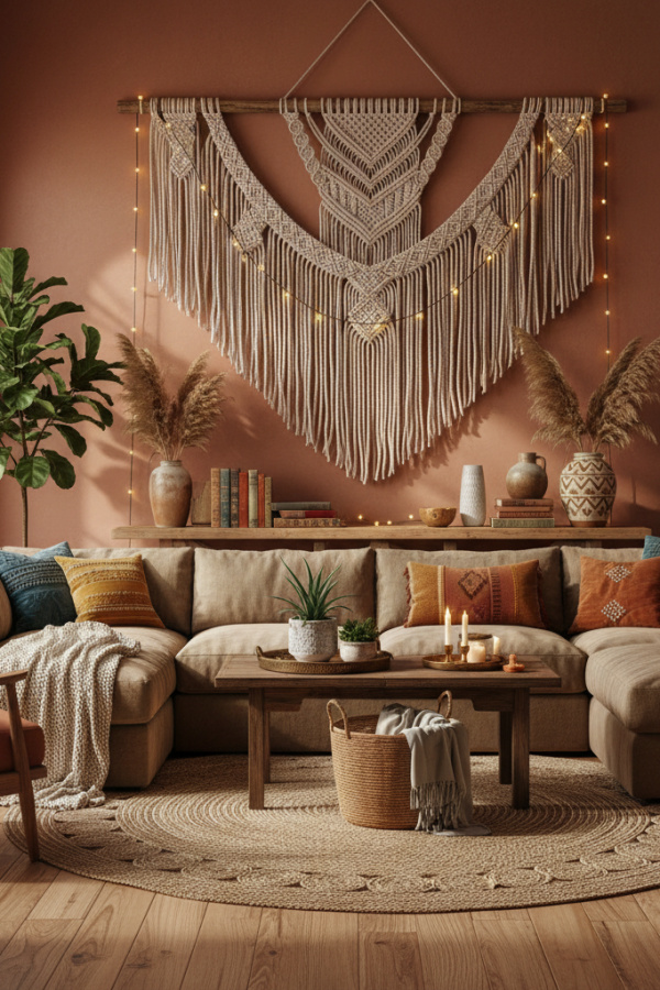 Living Room Walls, Terracotta Clay Paint, Natural Oak Furniture, Macrame Wall Hanging, Vibrant Bohemian Space