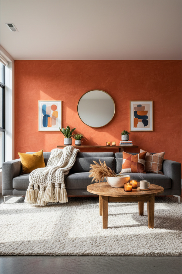 Living Room Accent Wall, Paprika Orange Paint, Gray Sofa, Chunky Woven Blanket, Vibrant Modern Contemporary Space