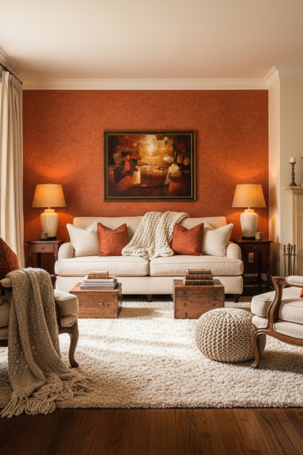 Living Room Accent Wall, Rust Orange Paint, Cream Sofa, Textured Throw Blanket, Sunlit Warm Space