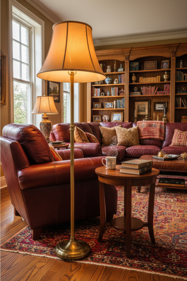 Living Room Armchair, Burgundy Leather, Wooden Side Table, Brass Reading Lamp, Vibrant Inviting Space