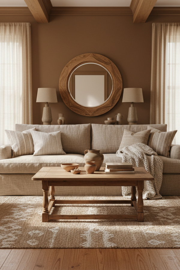 Living Room Walls, Camel Brown Paint, Natural Linen Sofa, Woven Rug, Bright Neutral Space