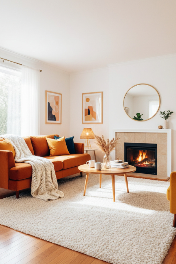 Living Room Sofa, Burnt Orange Fabric, White Walls, Chunky Knit Throw, Sunlit Modern Space