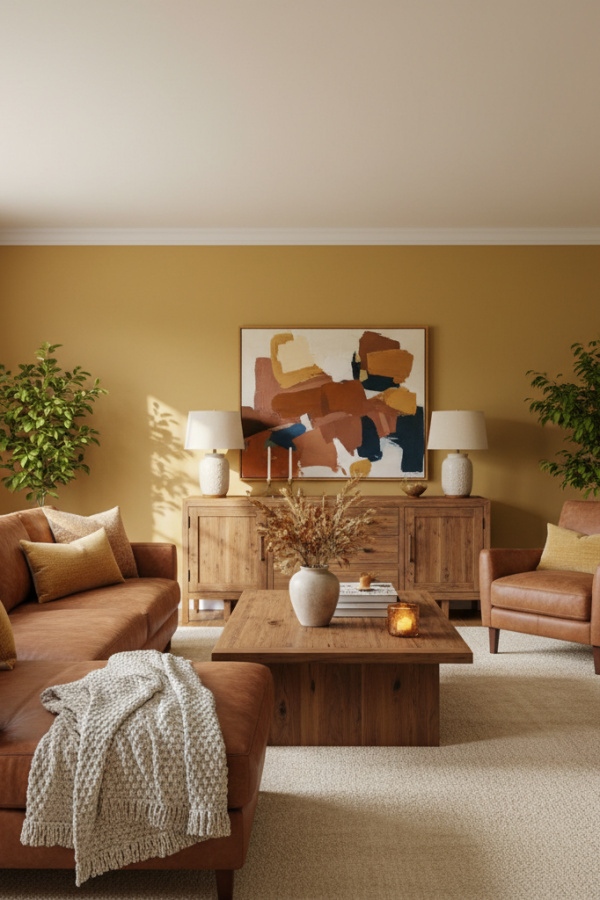 Living Room Walls, Ochre Yellow Paint, Cognac Leather Sofa, Wood Coffee Table, Bright Earthy Space