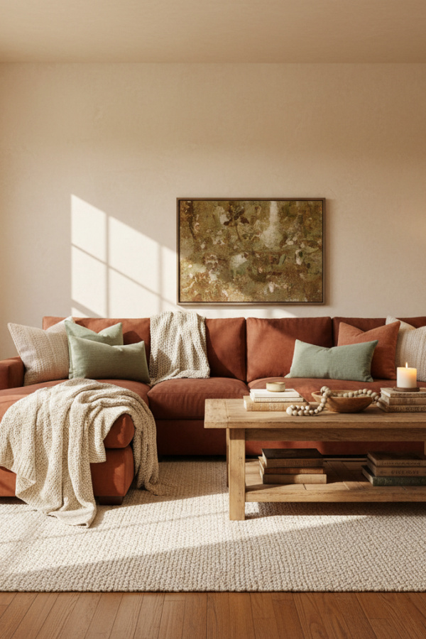 Living Room Sectional, Cinnamon Brown Upholstery, Cream Walls, Layered Textiles, Sunlit Comfortable Space