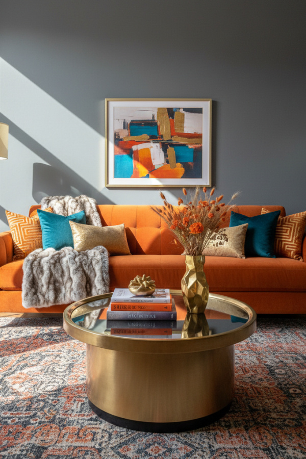 Living Room Sofa, Pumpkin Orange Velvet, Charcoal Gray Walls, Faux Fur Throw, Vibrant Modern Moody Space