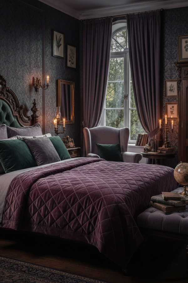 Deep Plum Quilted Velvet Dark Academia Throw Blanket