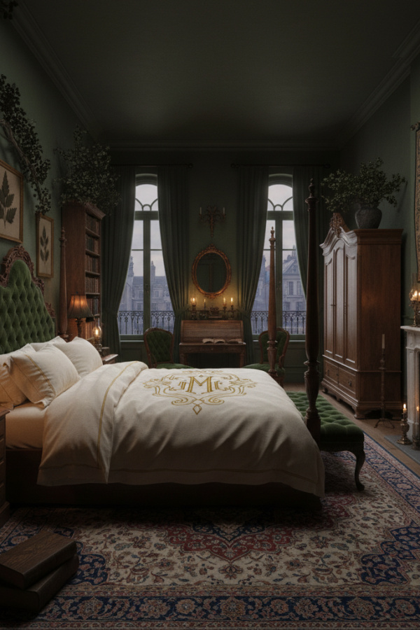 Cream Linen Dark Academia Duvet Cover With Embroidered Monogram