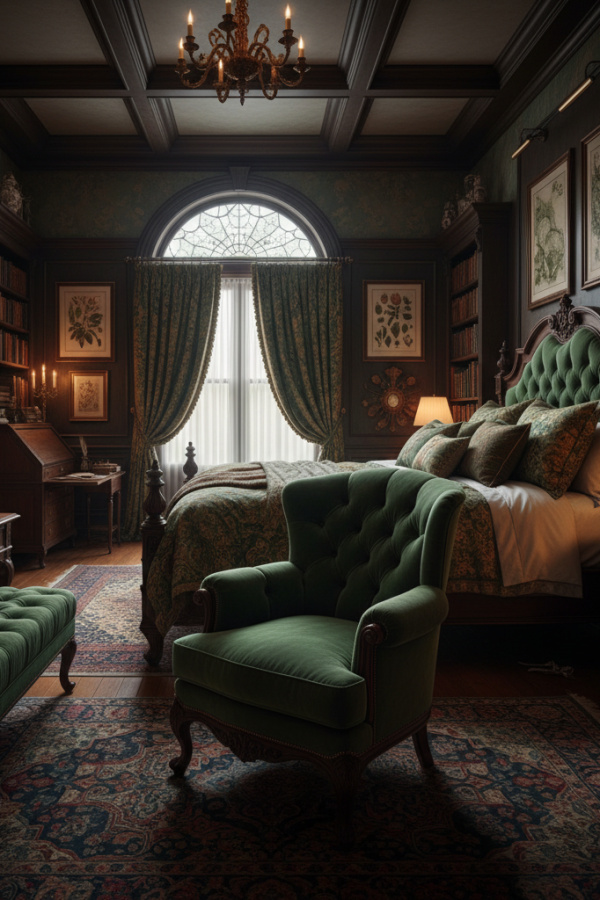 Forest Green Velvet Dark Academia Reading Chair