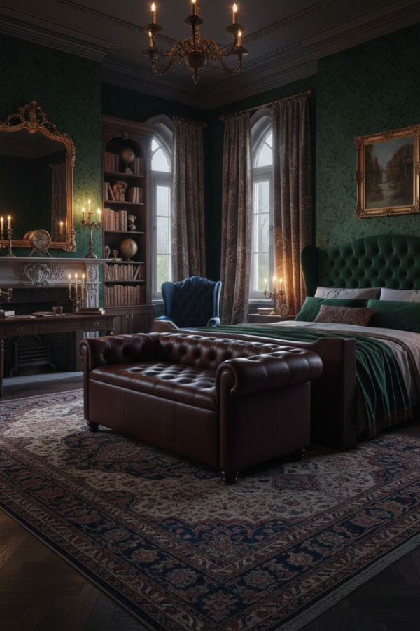 Oxblood Leather Dark Academia Chesterfield Storage Bench