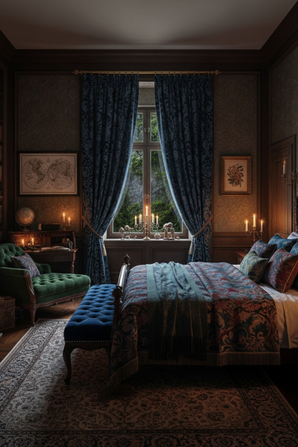 Midnight Blue Damask Dark Academia Curtains With Blackout Lining