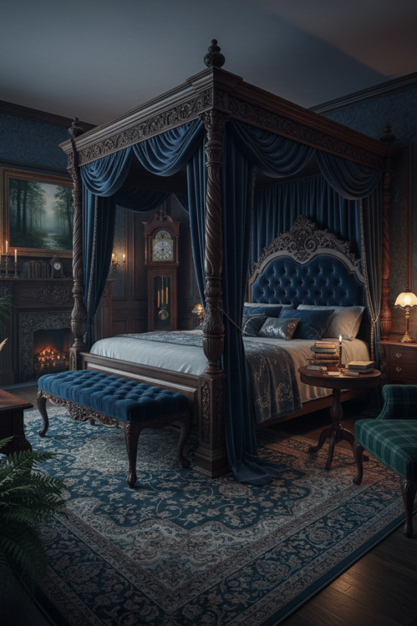 Carved Wooden Dark Academia Four-Poster Bed Frame