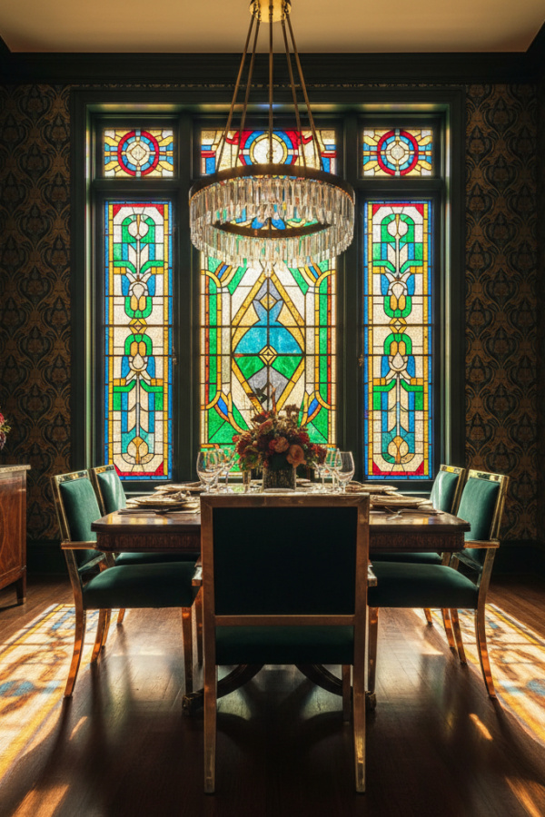 A Geometric Art Deco Stained Glass Panel