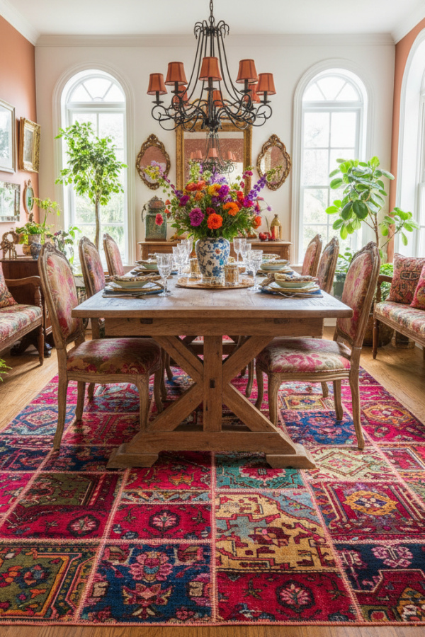A Patchwork Dining Room Rug Crafted From Vintage Turkish Carpet Remnants For A Sustainable, Bohemian Statement