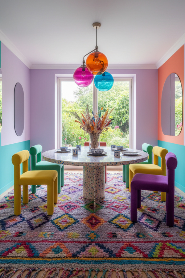 A Colourful Boucherouite Rug Made From Recycled Fabrics To Add Playful, Postmodern Charm To The Dining Room