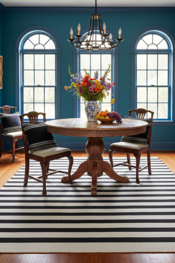A Black And White Striped Cotton Dhurrie Rug To Bring A Bold, Graphic Punch To A Casual Dining Room