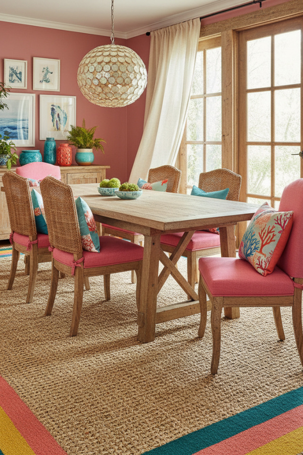 A Custom-Cut Seagrass Rug That Covers The Entire Dining Room Floor For A Seamless, Wall-To-Wall Textural Base