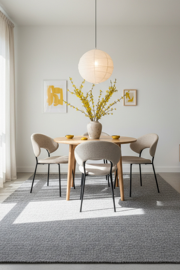A Minimalist Dining Room Rug In A Solid Grey Felted Wool That Celebrates Understated Wabi-Sabi Texture