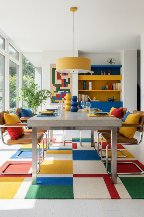 A Modernist Dining Room Rug With A Bauhaus-Inspired Colour Block Design For A Functionalist, Artistic Foundation