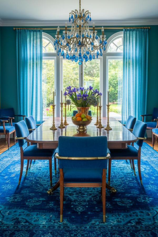 An Overdyed Persian Dining Room Rug In A Saturated Sapphire Hue To Inject Bold, Modern Colour