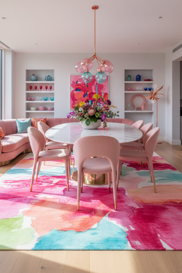 A Contemporary Dining Room Rug With A Painterly Watercolour Design That Functions As Art Underfoot
