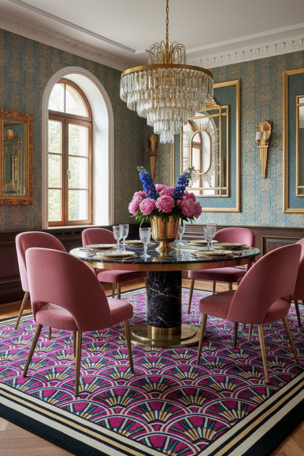 An Art Deco Style Rug With A Symmetrical Fan Motif To Define The Dining Room Floor With 1920s Glamour