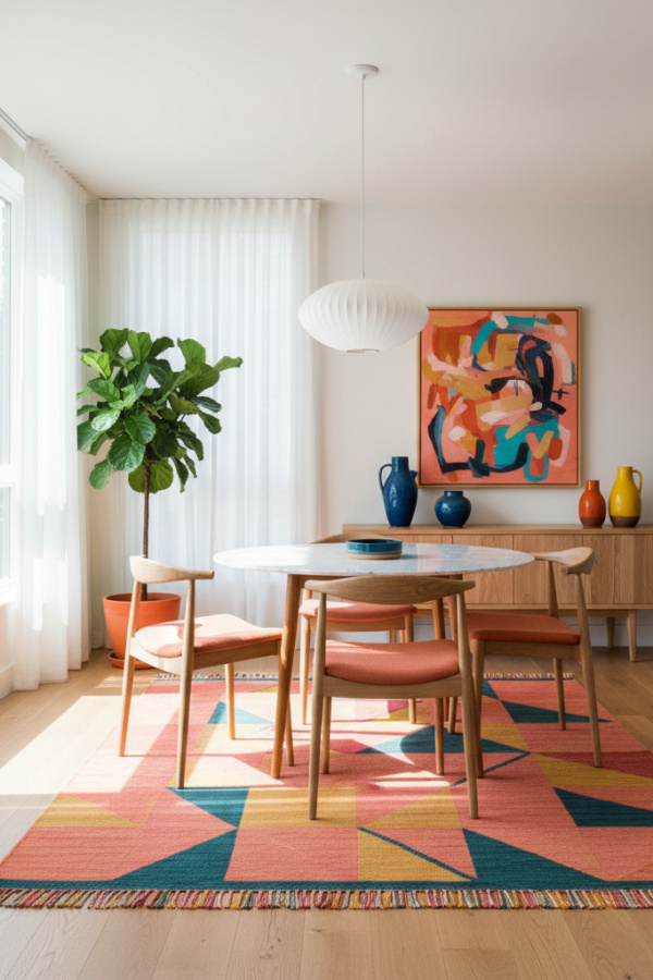 A Low-Profile Scandinavian Kilim With A Graphic Geometric Pattern For A Minimalist Dining Room
