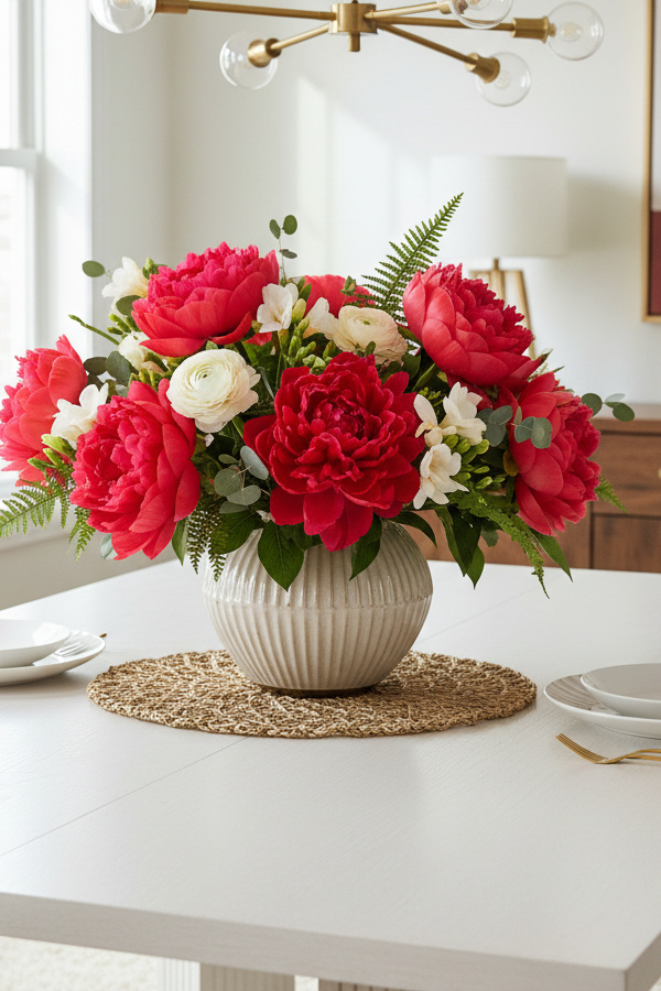 Dining Room Coral Peony Bouquet In Textured Ceramic Vase