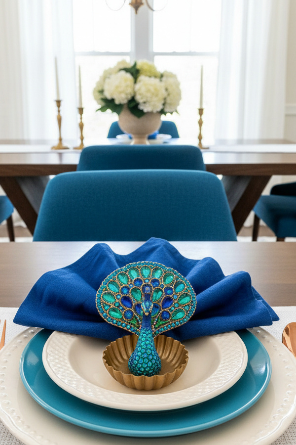 Dining Room Peacock Teal Napkin Rings With Copper Flatware