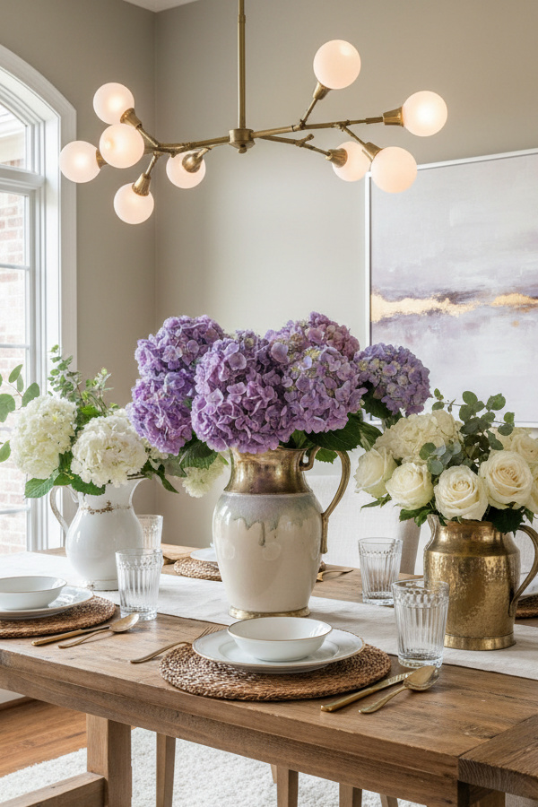 Dining Room Lavender Purple Hydrangea Clusters In Vintage Pitchers