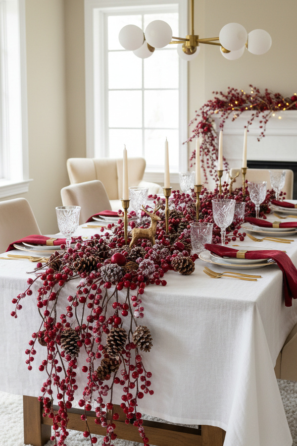 Dining Room Ruby Red Berries And Pine Cone Winter Table Display