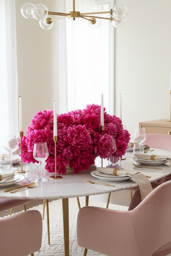 Dining Room Fuchsia Dahlia Arrangement In Clear Glass Hurricane