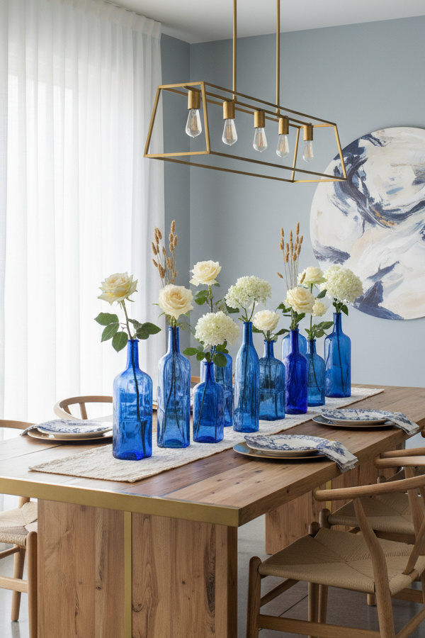 Dining Room Cobalt Blue Glass Bottle With Single Stem Florals