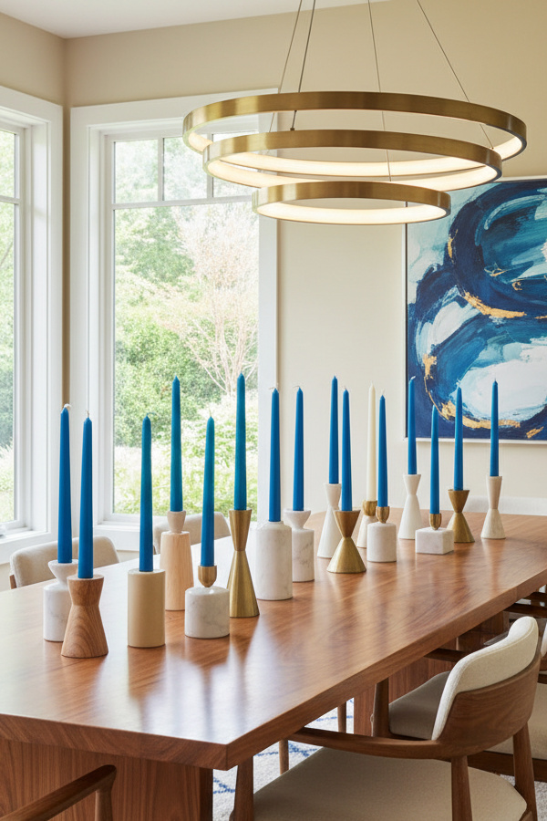 Dining Room Electric Blue Tapered Candles On Natural Wood Bases