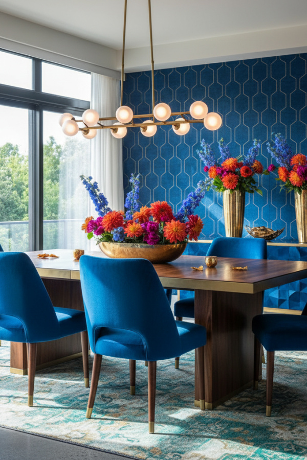 Cobalt Blue Velvet Upholstered Dining Chairs With Tapered Walnut Legs Cobalt Blue Velvet Upholstered Dining Chairs With Tapered Walnut Legs