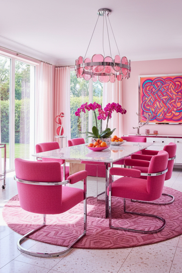 Hot Pink Bouclé Upholstered Dining Chairs With A Chrome Frame Hot Pink Bouclé Upholstered Dining Chairs With A Chrome Frame