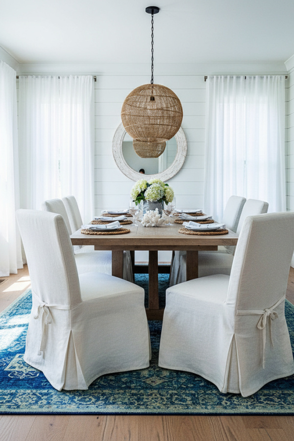 Ivory Linen Upholstered Dining Chairs In A Slipcover Style Ivory Linen Upholstered Dining Chairs In A Slipcover Style