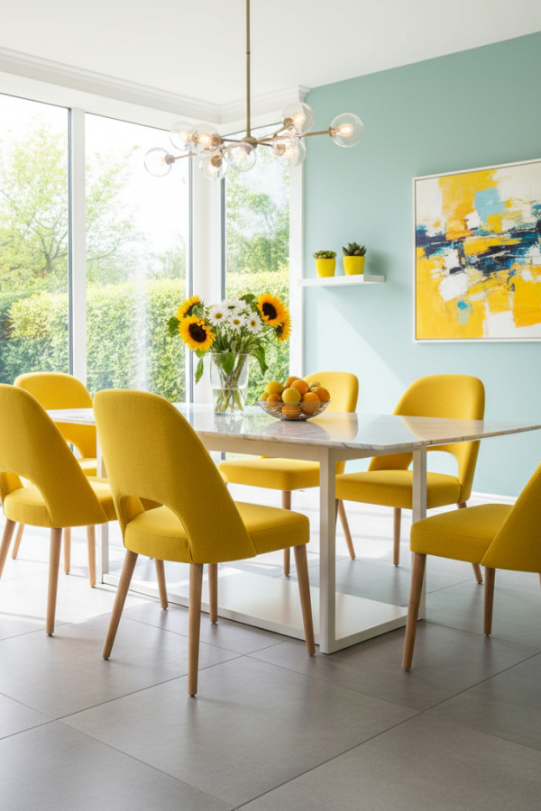 Sunshine Yellow Fabric Upholstered Dining Chairs With A Curved Back Sunshine Yellow Fabric Upholstered Dining Chairs With A Curved Back