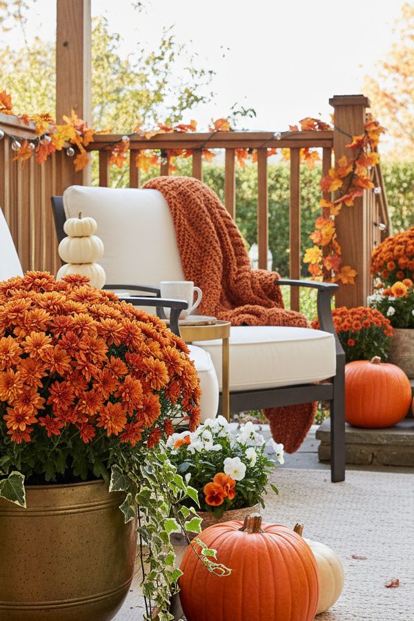 Burnt Orange Mum Fall Outdoor Planter With Trailing Variegated Ivy Burnt Orange Mum Fall Outdoor Planter With Trailing Variegated Ivy