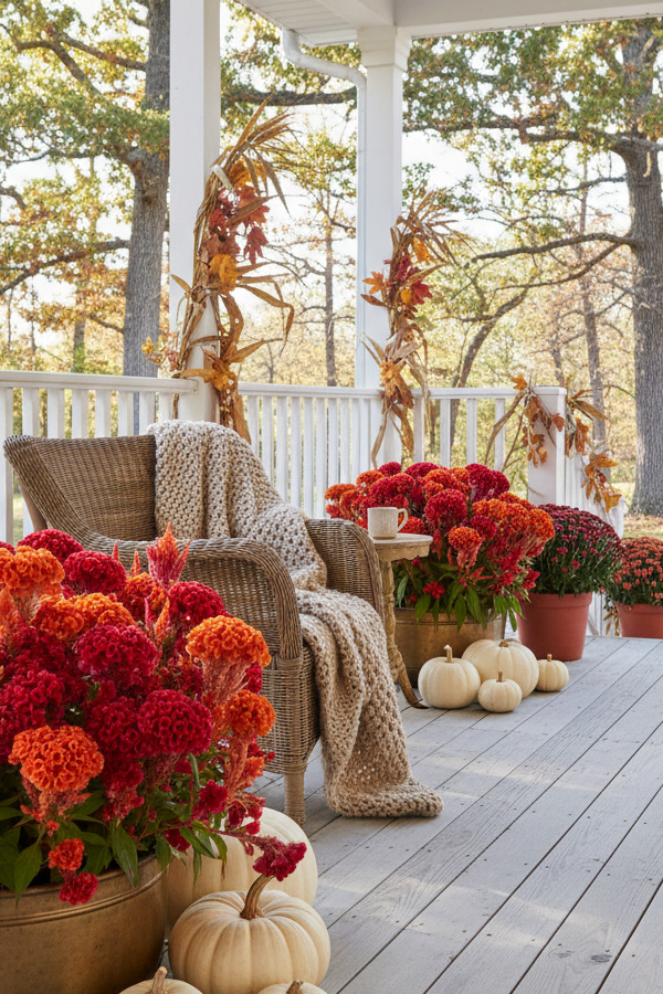 Rust Red Celosia Fall Outdoor Planter Combined With Cream-Colored Pumpkins Rust Red Celosia Fall Outdoor Planter Combined With Cream-Colored Pumpkins