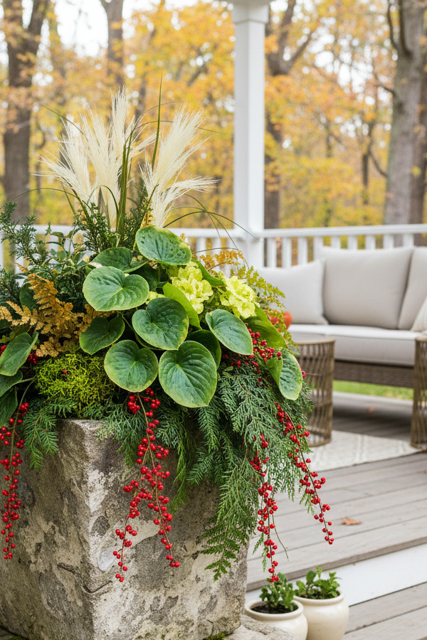 Stone Fall Outdoor Planter With Trailing Winterberry And Evergreen Boughs Stone Fall Outdoor Planter With Trailing Winterberry And Evergreen Boughs