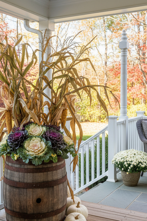 Rustic Whiskey Barrel Fall Outdoor Planter With Ornamental Cabbage And Cornstalks Rustic Whiskey Barrel Fall Outdoor Planter With Ornamental Cabbage And Cornstalks