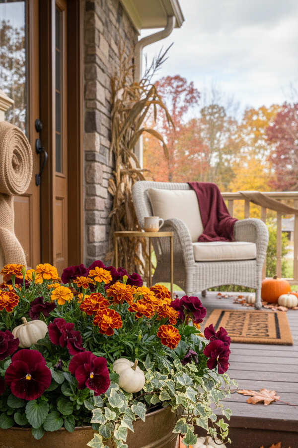 Deep Burgundy Pansy Fall Outdoor Planter Layered With Golden Marigolds Deep Burgundy Pansy Fall Outdoor Planter Layered With Golden Marigolds