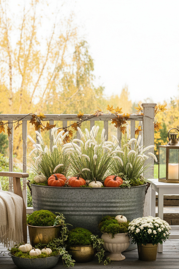 Galvanized Metal Trough Fall Outdoor Planter With Ornamental Grasses And Mini Pumpkins Galvanized Metal Trough Fall Outdoor Planter With Ornamental Grasses And Mini Pumpkins