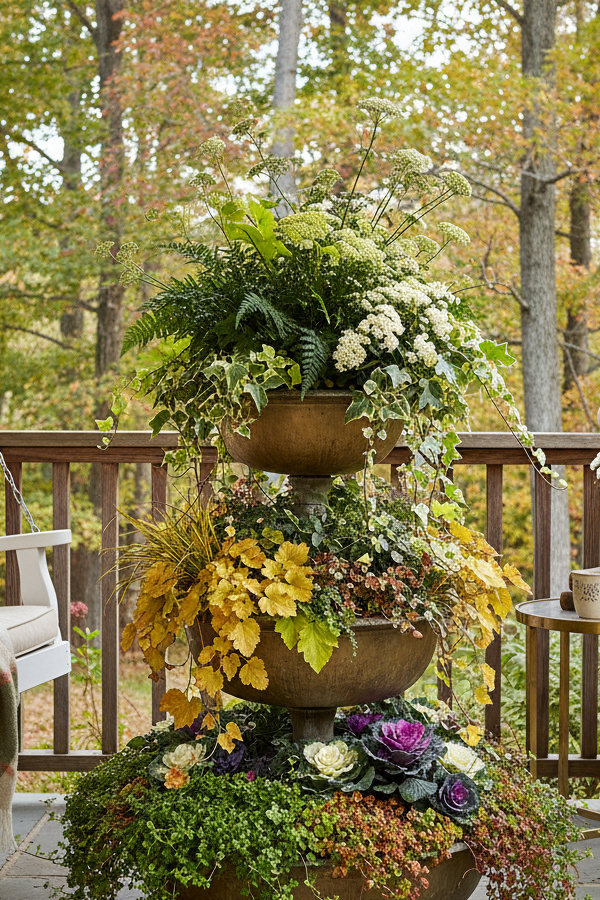 Tiered Urn Fall Outdoor Planter With Cascading Sedum And Autumn Ferns Tiered Urn Fall Outdoor Planter With Cascading Sedum And Autumn Ferns