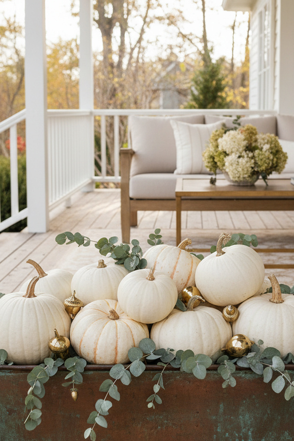Copper Box Fall Outdoor Planter With White Pumpkins And Eucalyptus Sprigs Copper Box Fall Outdoor Planter With White Pumpkins And Eucalyptus Sprigs
