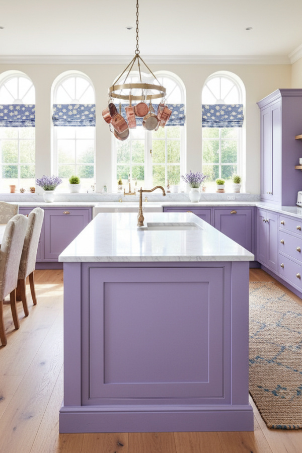 Modern French Country Kitchen Island, Soft Lavender Cabinetry, Marble Countertop, Bright Contemporary Kitchen