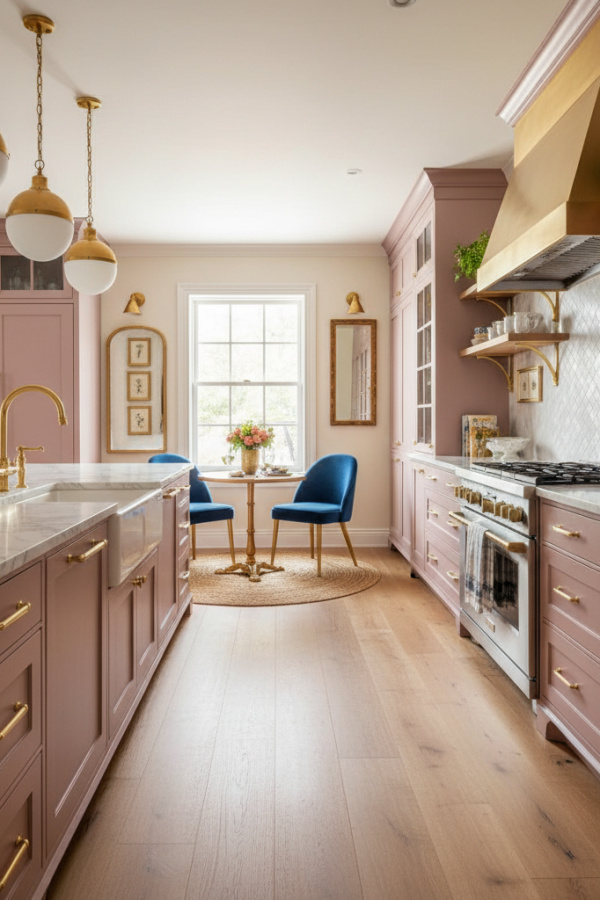 Modern French Country Kitchen Cabinets, Dusty Rose Painted Wood, Gold Hardware, Vibrant Romantic Kitchen