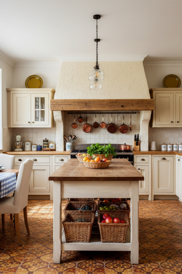 Traditional French Country Kitchen Hood, Textured Cream Plaster, Exposed Wood Mantel, Sunlit Provence Kitchen